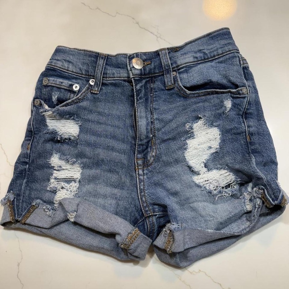 Aeropostale Distressed Rolled Cuff Denim Shorts - Blue